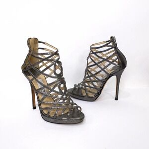 Jimmy Choo Glitter Leather Gladiator Heels In Anthracite Metallic Silver Gray